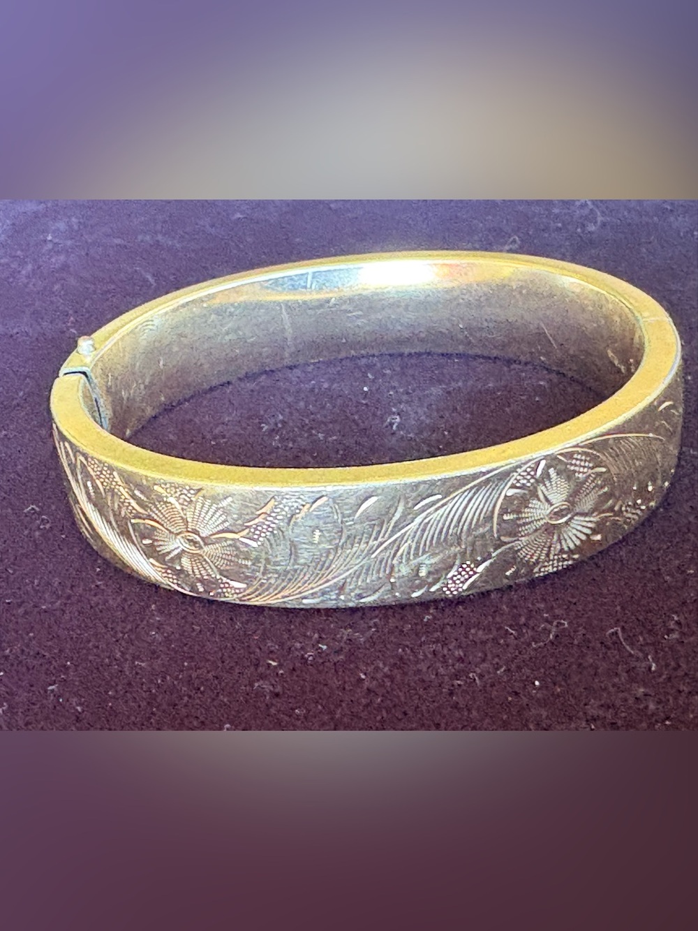 Vintage 12k GF Gold Floral Engraved Bangle Bracelet 2 3/8 Secure Close 23g